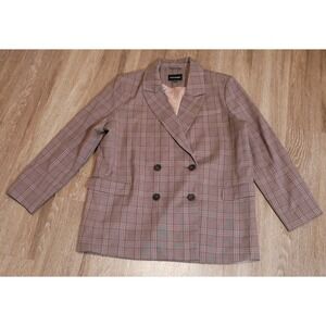 Frank And Oak Womens XL Double Breasted Plaid Blazer Mauve Brown Check Jacket